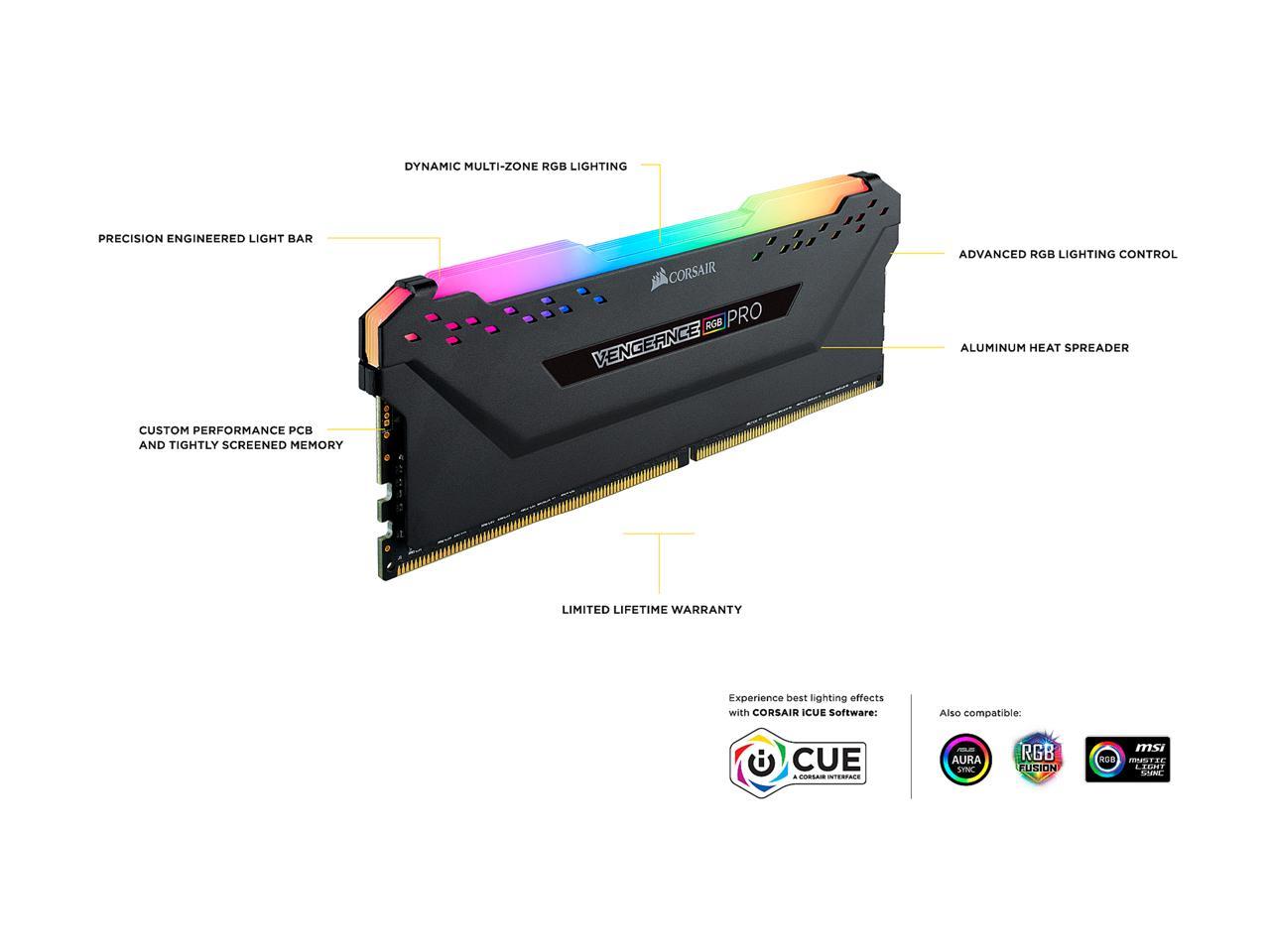 CORSAIR Vengeance RGB Pro (AMD Ryzen Ready) 16GB 288-Pin DDR4 3600 (PC4 28800) AMD Optimized Desktop Memory Model CMW16GX4M1Z3600C18