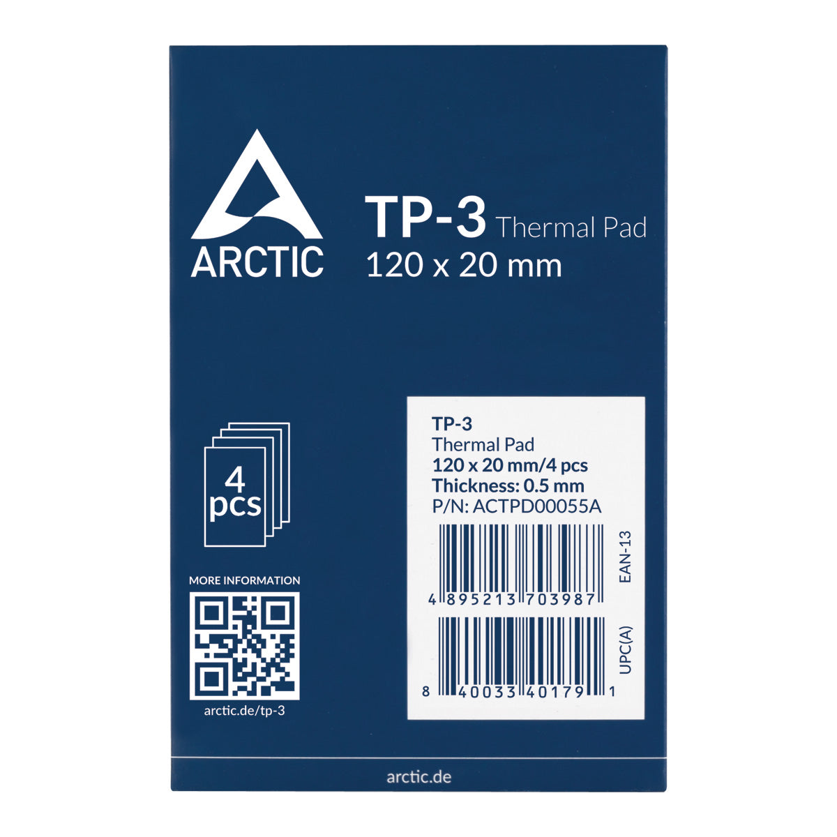ARCTIC TP-3 Premium Performance Thermal Pad 120 x 20 x 0.5 mm (Stackable to 2.0 mm Without Performance Loss) 4 Pieces High Performance Particularly Soft Ideal Gap Filler Bridging Gaps Model ACTPD00055A