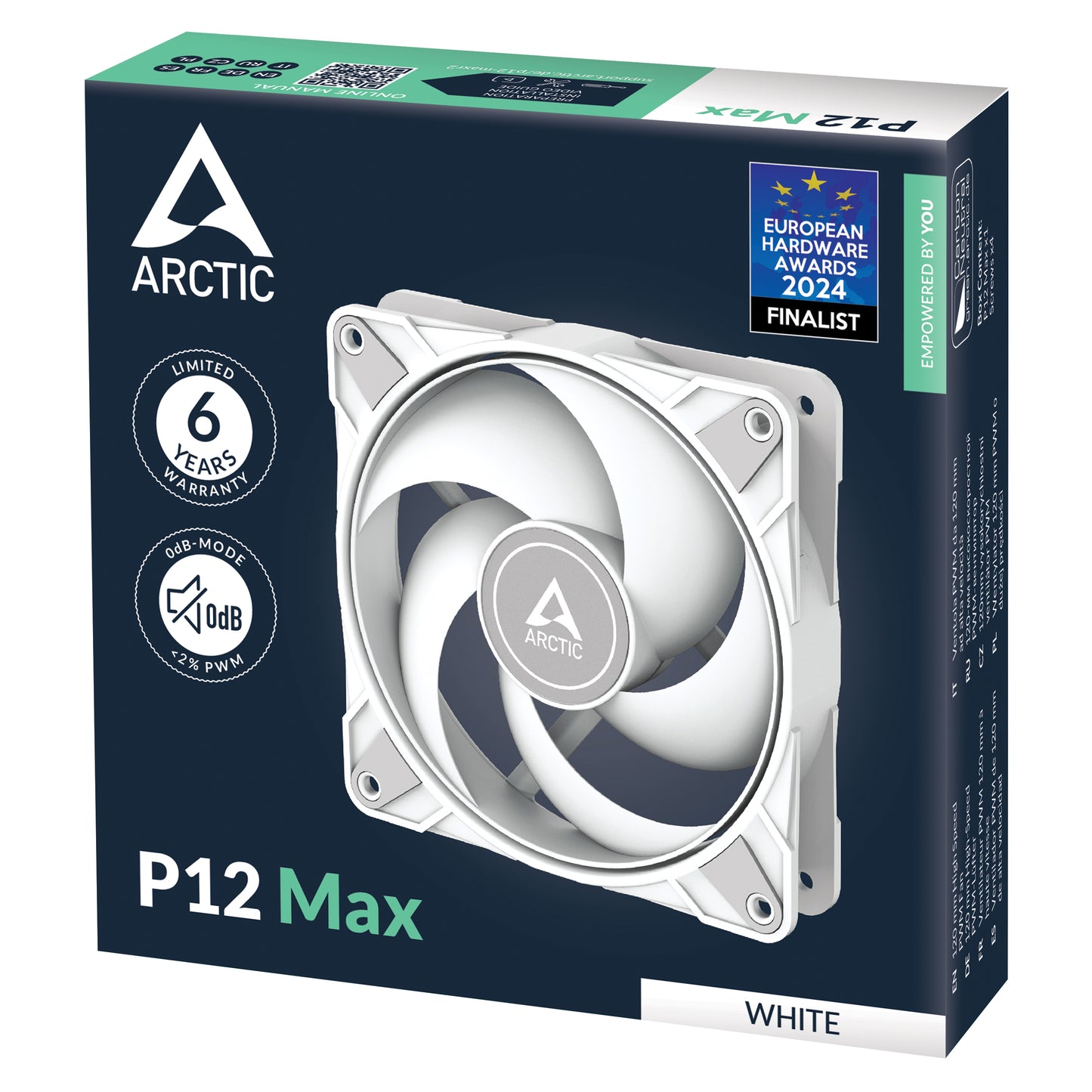 ARCTIC P12 Max PC Fan High-Performance 120mm Case Fan, PWM Controlled 200–3300 RPM Optimised for Static Pressure 0dB Mode Fluid Dynamic Bearing White Model ACFAN00293A