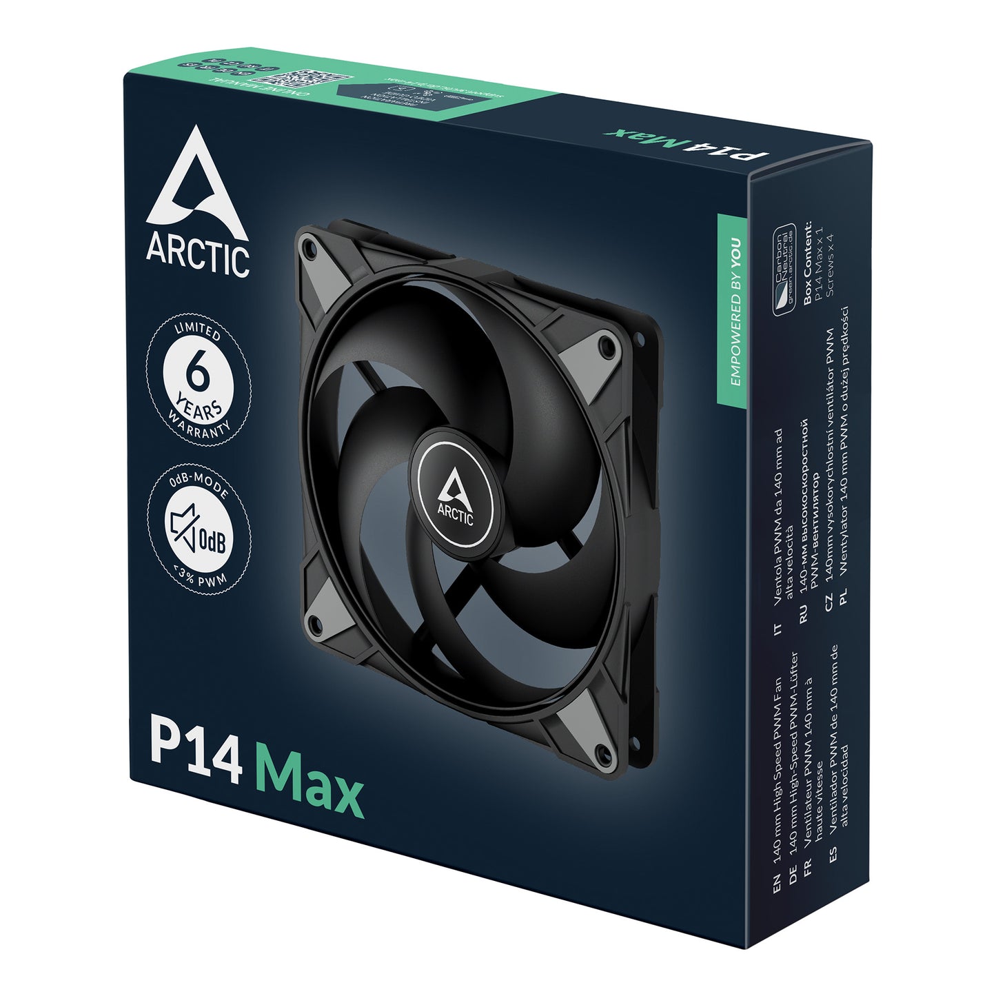 ARCTIC 140mm P14 Max SpecificationsPC Fan High-Performance Case Fan PWM Controlled 400–2800 RPM Optimised for Static Pressure 0dB Mode - Black Model ACFAN00287A