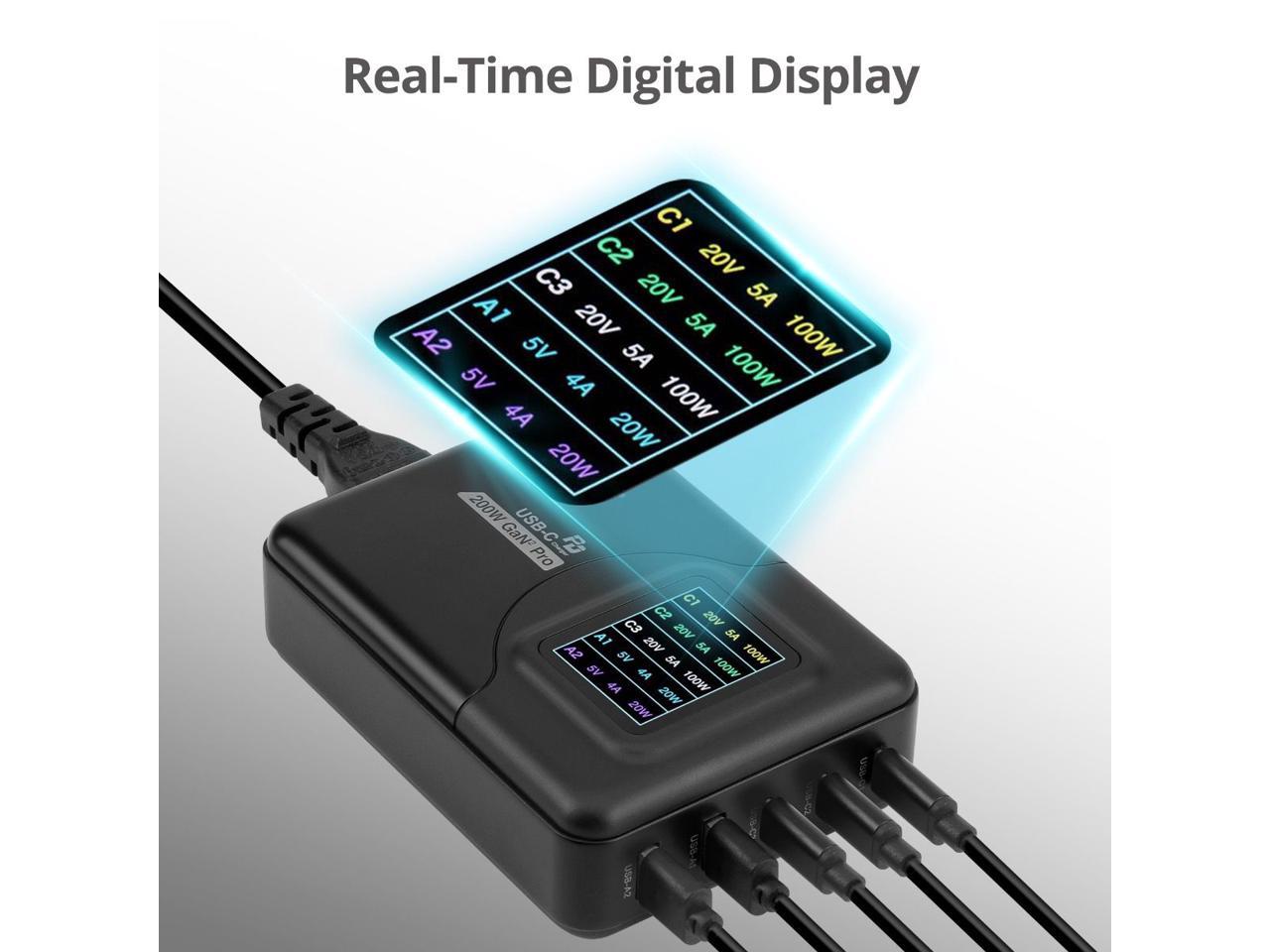 SIIG 200W GaN PD Charger with Charging Display - 3x USB-C + 2x USB-A - USB-C Power Adapter - Portable USB Type-C Charger - Black AC-PW1Y11-S1