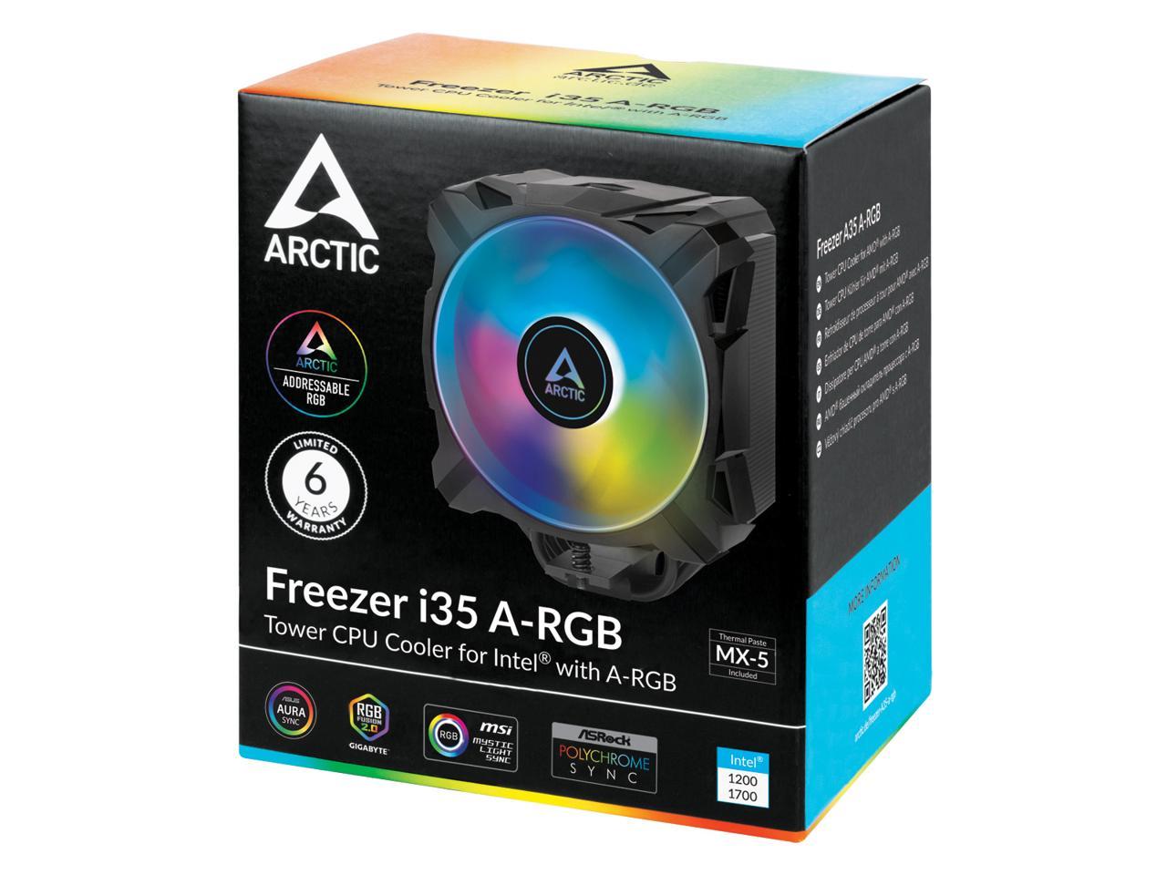 ARCTIC Freezer i35 A-RGB - Single Tower CPU Cooler with A-RGB, Intel Specific, Pressure Optimized 120 mm P-Fan, 200-1700 RPM, 4 Heat Pipes, incl. MX-5 Thermal Paste - Black