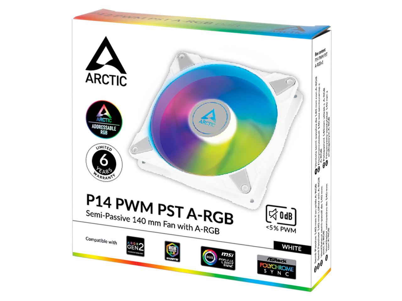 ARCTIC ACFAN00276A P14 PWM PST A-RGB - Case Fan, 140 mm PWM, Optimised for Static Pressure, Semi-Passive: 200-1900 RPM, 5V 3 Pin A-RGB LED, Single Fan - White