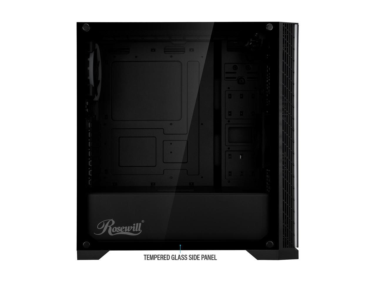 Rosewill ZIRCON I ATX Mid Tower Gaming PC Computer Case with RGB Fan & LED Light Strips, 240mm AIO Support, Bottom Mount PSU & HDD/SSD, Tempered Glass & Black Steel