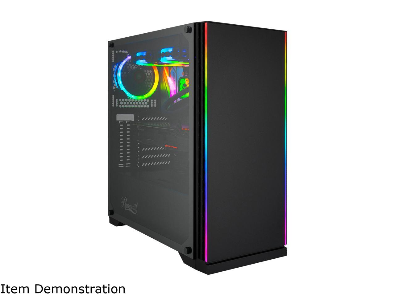 Rosewill ZIRCON I ATX Mid Tower Gaming PC Computer Case with RGB Fan & LED Light Strips, 240mm AIO Support, Bottom Mount PSU & HDD/SSD, Tempered Glass & Black Steel