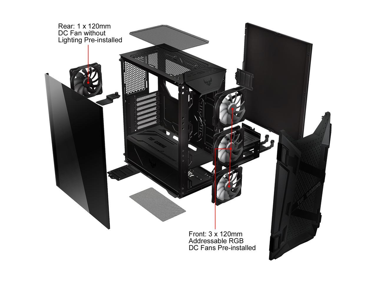 ASUS TUF Gaming GT301 Mid-Tower Compact Case for ATX Motherboards with Honeycomb Front Panel, 3 x 120mm AURA Addressable RBG Fans, Headphone Hanger, and 360mm Radiator Support, 2 x USB 3.2 Gen1 (USB 3.0) Prots