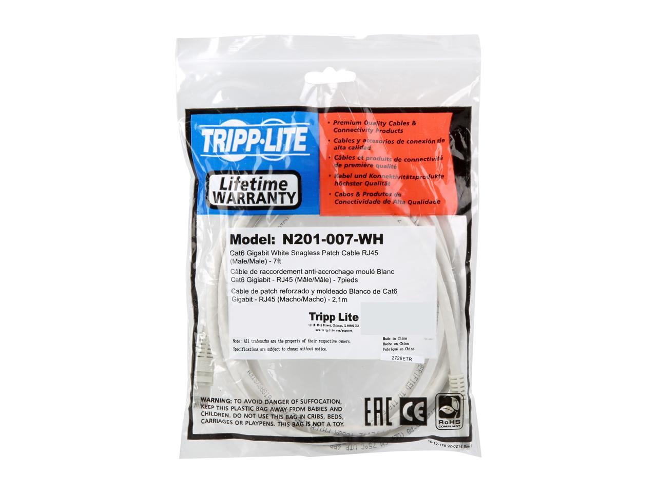 TRIPP LITE N201-007-WH 7 ft. Cat 6 White Gigabit Snagless Molded Patch Cable