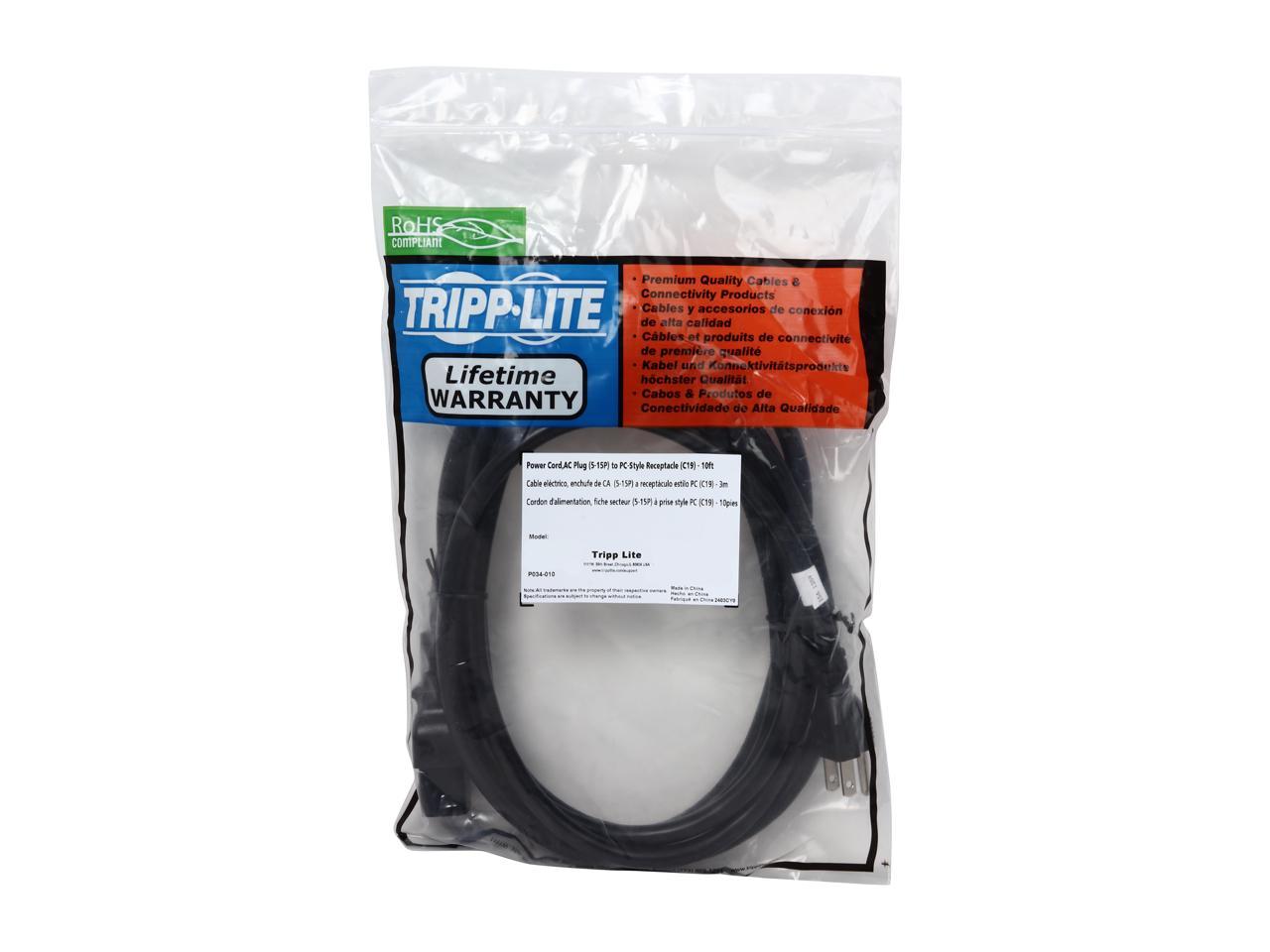 Tripp Lite Model P034-010 10 ft. IEC-320-C19 to NEMA 5-15P 14AWG Heavy Duty Power Cable