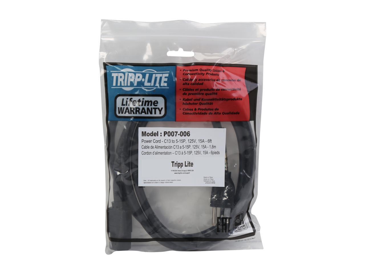 Tripp Lite Model P007-006 6 ft. IEC-320-C13 to NEMA 5-15P Heavy-Duty 14AWG Power Cable