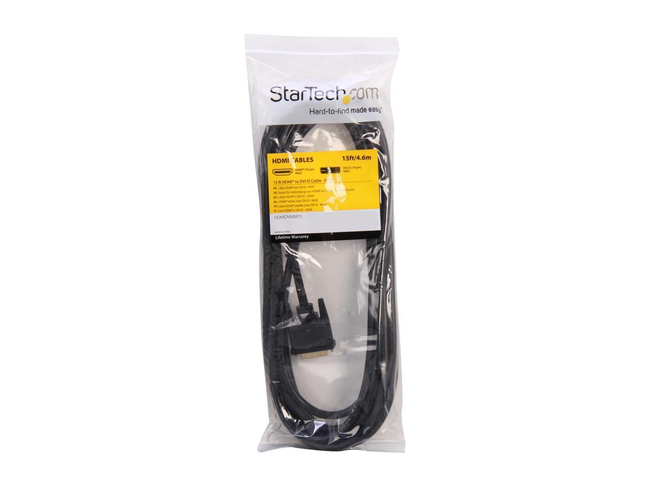 StarTech.com HDMIDVIMM15 15 ft. Black Connector A: 1 - 19 pin HDMI Male Connector B: 1 - 19 pin DVI-D (Single Link) Male HDMI to DVI Digital Video Monitor Cable Male to Male