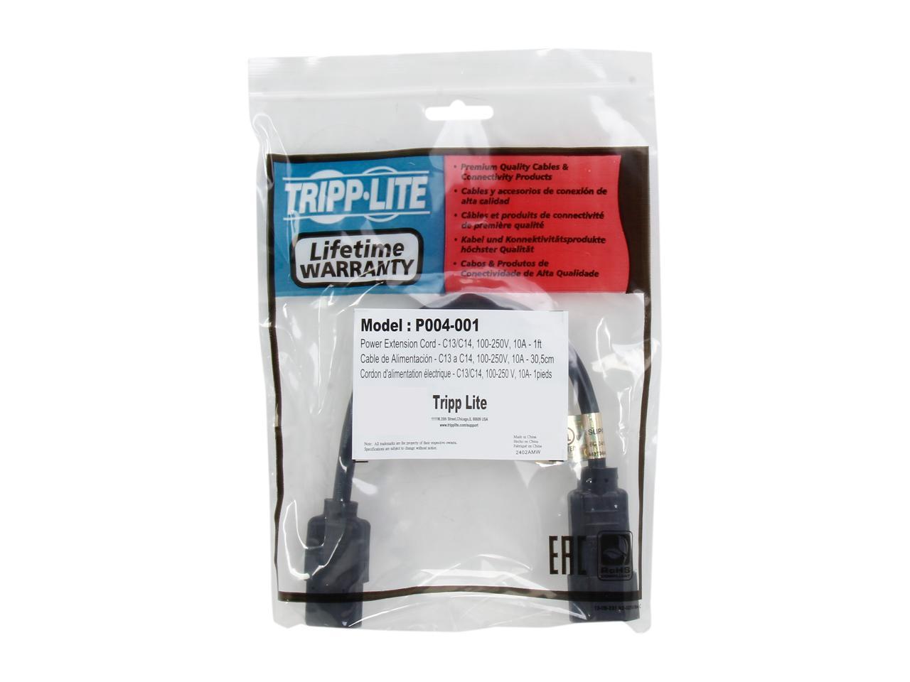 Tripp Lite Model P004-001 1 ft. Black 18AWG SJT, 10A, 100-250V IEC-320-C14 to IEC-320-C13 Power Cord Male to Female