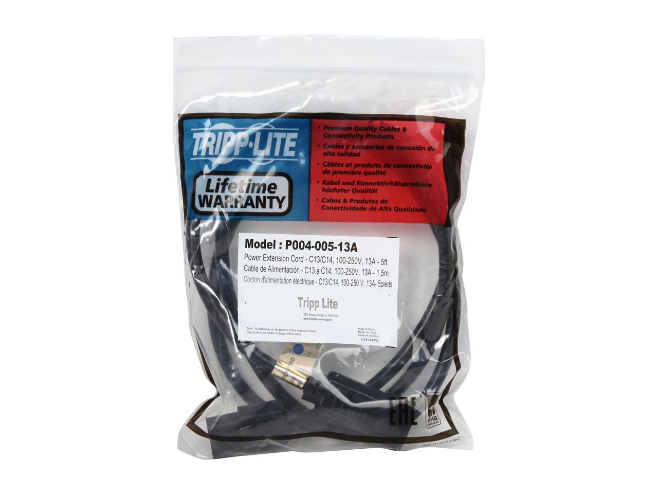 Tripp Lite Model P004-005-13A 5 ft. Black 16AWG SJT, 13A, 100-250V IEC-320-C14 to IEC-320-C13 Power Cord Male to Female