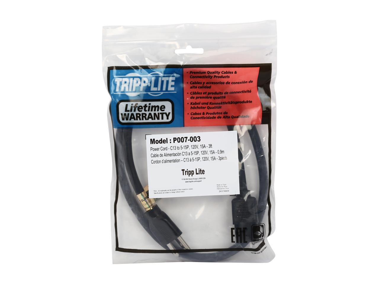 Tripp Lite Model P007-003 3 ft. Heavy-Duty Computer Power Cord, 14AWG 15A (NEMA 5-15P to IEC-320-C13)