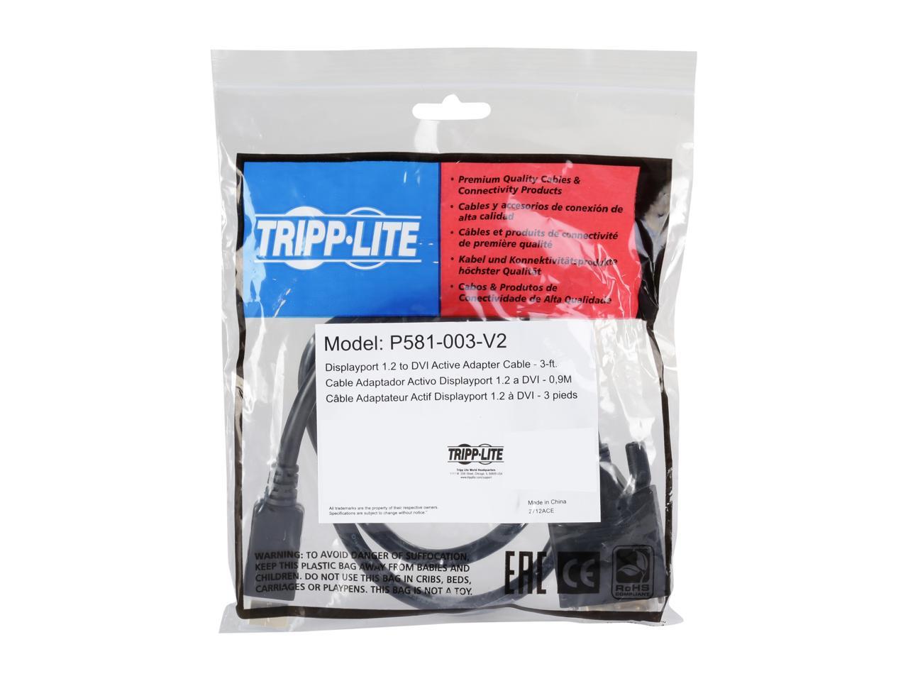 Tripp Lite P581-003-V2 Black DisplayPort 1.2 to DVI Active Adapter M/M 1920 x 1200 1080p 3'