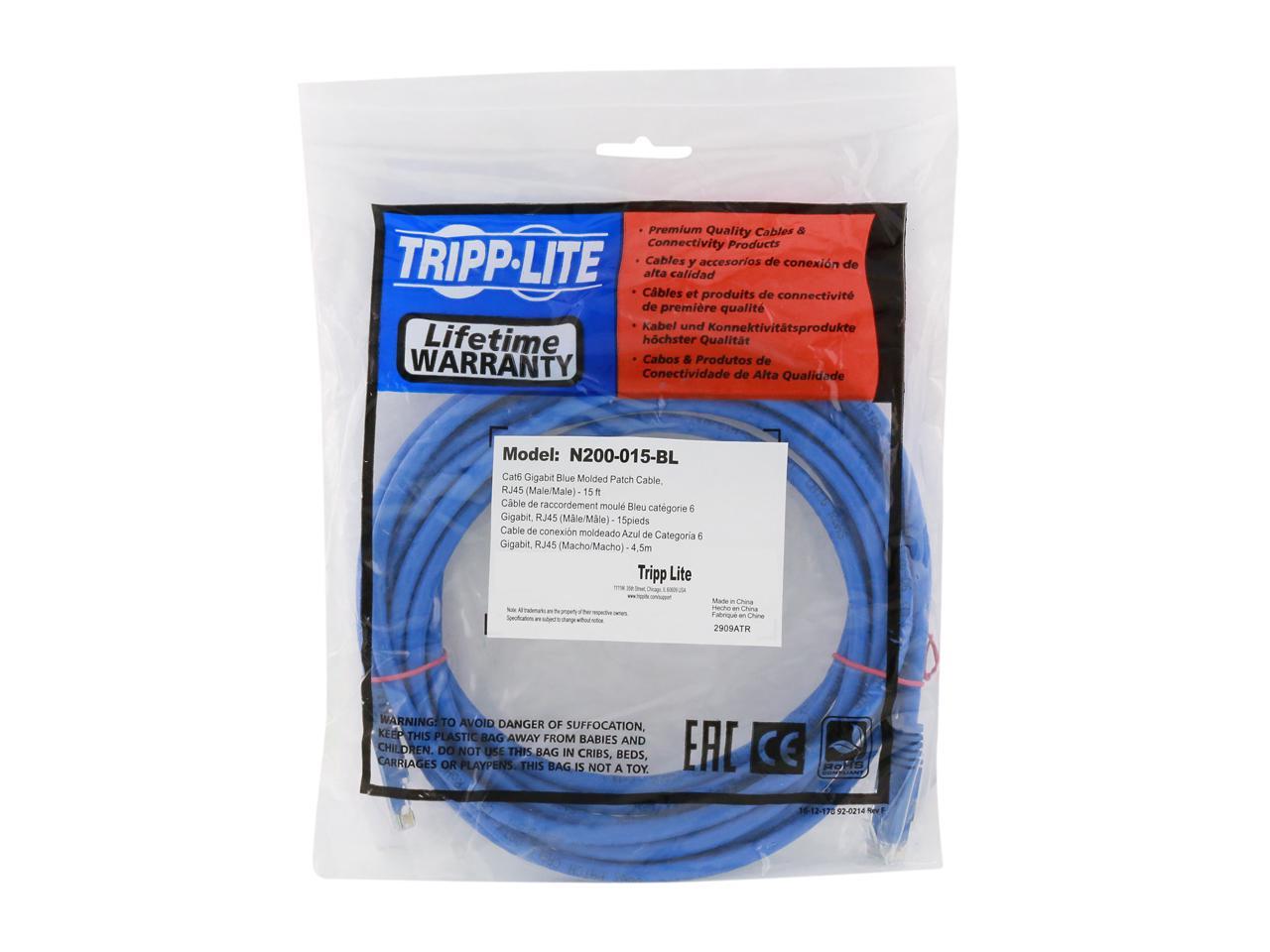 Tripp Lite Cat6 Gigabit Molded Patch Cable, 15 ft. RJ45 (M/M), 550MHz 24 AWG Blue 15' (N200-015-BL)