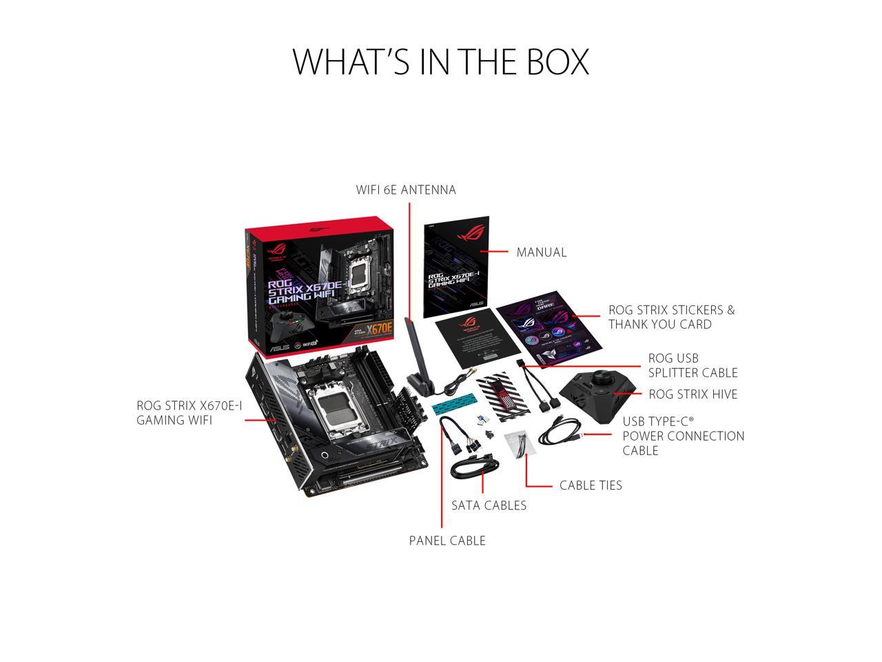 ASUS ROG STRIX X670E-I GAMING WIFI 6E Socket AM5 (LGA 1718) Ryzen 7000 mini-ITX Gaming Motherboard (PCIe 5.0, DDR5, 10 + 2 power stages, ROG Strix Hive, EZ Mode PBO Button, Two M.2 Slots, Two USB4 Type-C Ports)