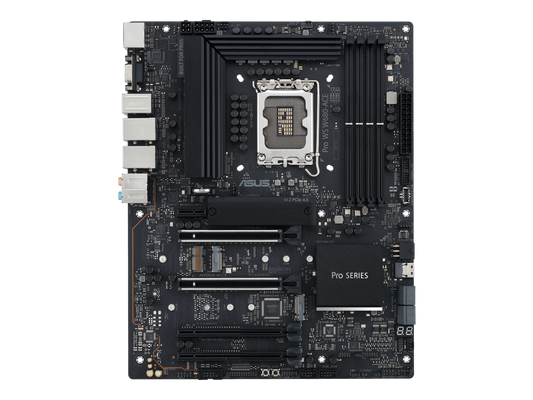 Pro WS W680-ACE Intel W680 LGA 1700 ATX workstation motherboard, dual PCIe 5.0x16 slot, DDR5, ECC memory and XMP support, dual Intel 2.5 Gb Lan, 3xPCIe 4.0 M.2 slots, USB 3.2 Gen 2x2 front panel connector, SlimSAS(SATA RAID0,1,5,10 Suppoort