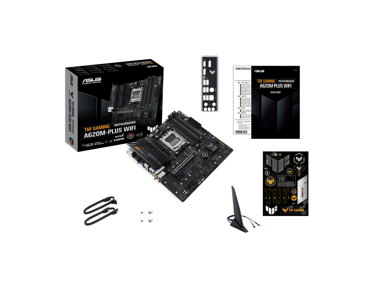 ASUS TUF GAMING A620M-PLUS WiFi AMD AM5 Ryzen7000 microATX gaming motherboard DDR5, PCIe 4.0, 2xM.2 slots,2.5Gb Ethernet,Wi-Fi 6, 2 x DisplayPort, HDMI, USB 3.2 Gen 1 ports, front USB 3.2 Gen 1 Type C