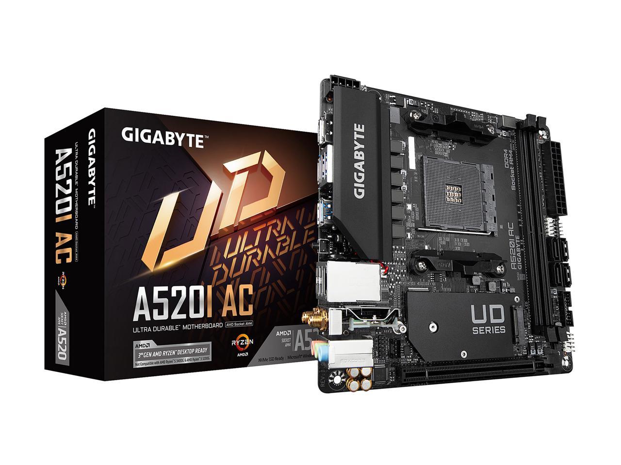 GIGABYTE A520I AC mITX AM4 Direct 6 Phases Digital PWM with 55A DrMOS, GIGABYTE Gaming GbE LAN, Intel WiFi+Bluetooth, NVMe PCIe 3.0 x4 M.2, 3 Display Interfaces, Q-Flash Plus, RGB Fusion 2.0, Motherboard
