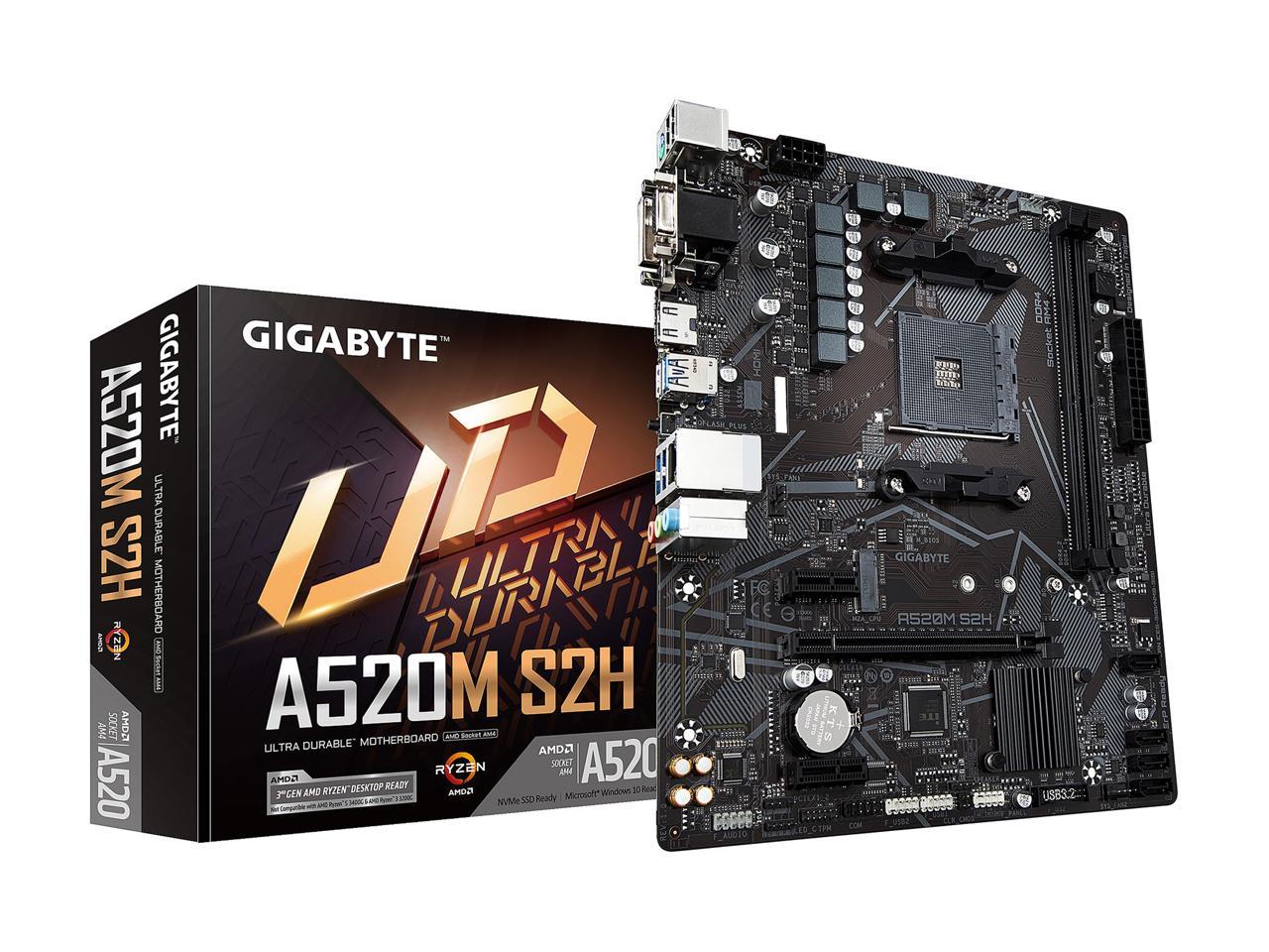GIGABYTE A520M S2H mATX AM4 4+3 Phases Digital PWM, GIGABYTE Gaming GbE LAN, NVMe PCIe 3.0 x4 M.2, 3 Display Interfaces, Q-Flash Plus, RGB Fusion 2.0, Motherboard