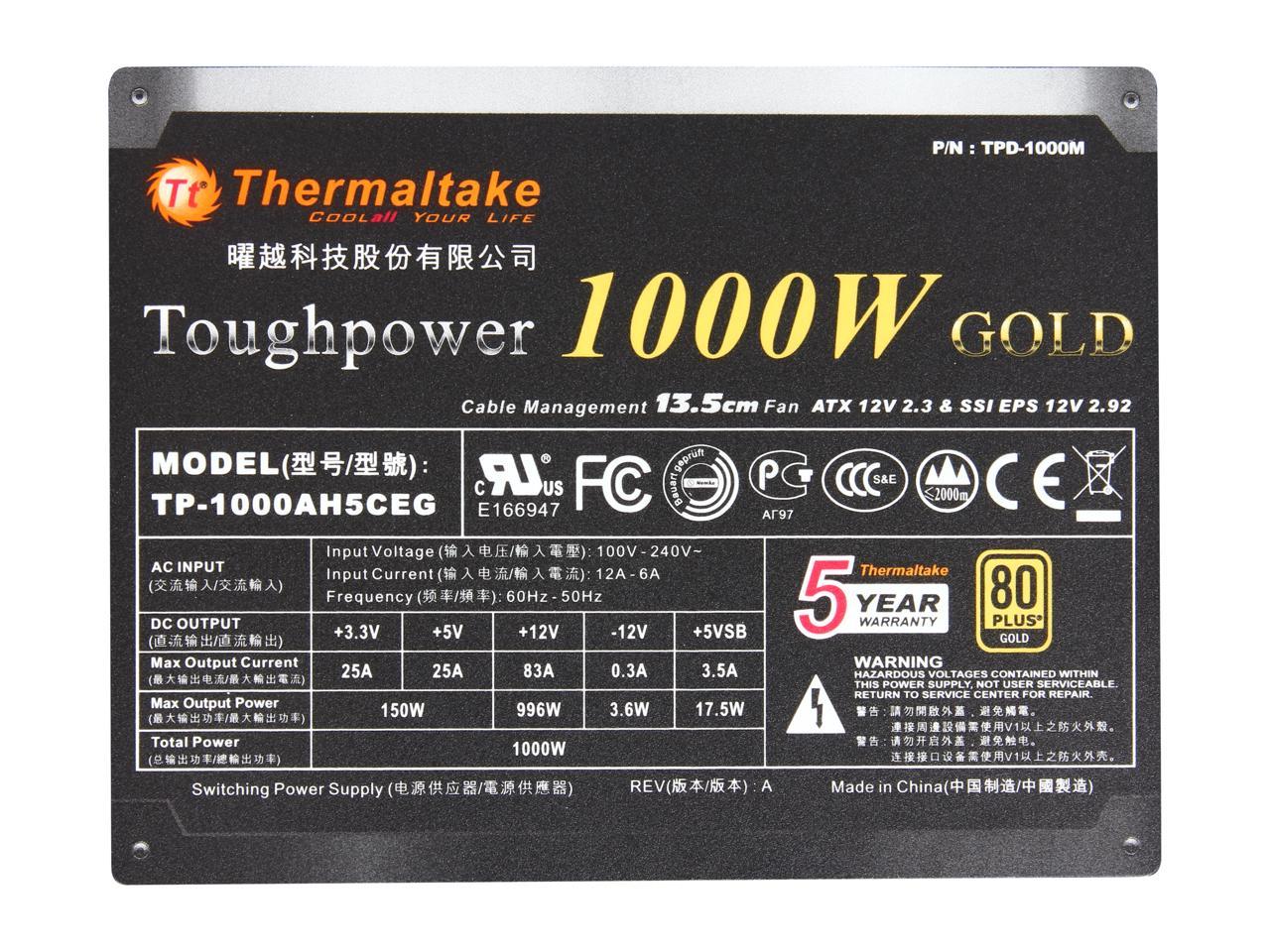 Thermaltake PS-TPD-1000MPCGUS-1 1000W ATX12V / EPS12V 80 PLUS GOLD Certified Semi-Modular Active PFC Power Supply