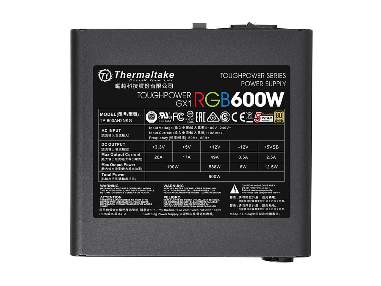 Thermaltake Toughpower GX1 RGB 600W ATX 12V v2.4 and EPS v2.92 80 PLUS GOLD Certified Active PFC Power Supply PS-TPD-0600NHFAGU-1