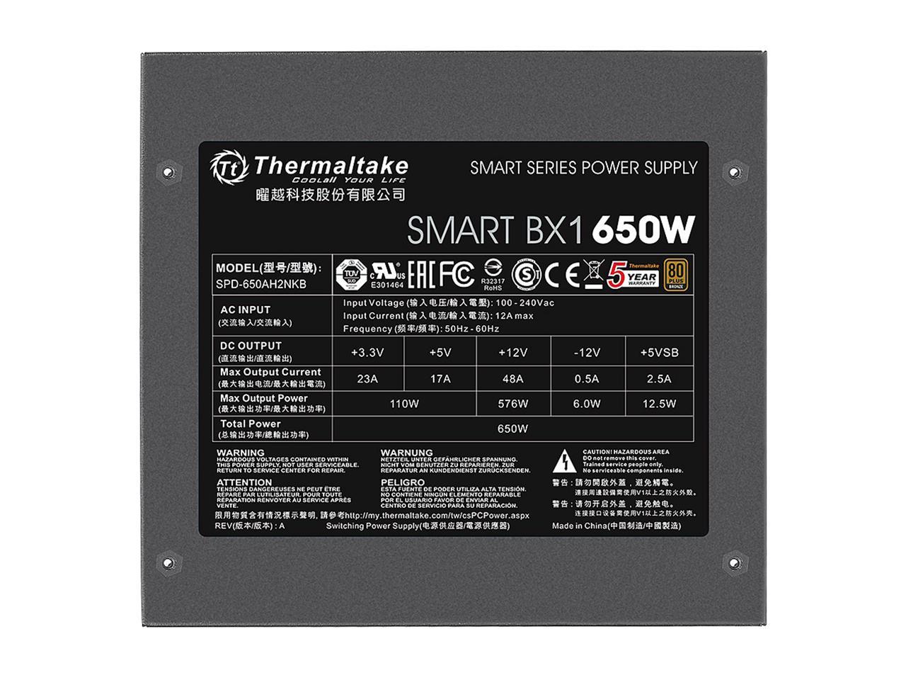 Thermaltake Smart BX1 650W Bronze SLI/ CrossFire Ready Continuous Power ATX12V V2.3/ EPS V2.92 80 Plus Bronze Certified 5 Year Warranty Non Modular Power Supply PS-SPD-0650NNFABU-1