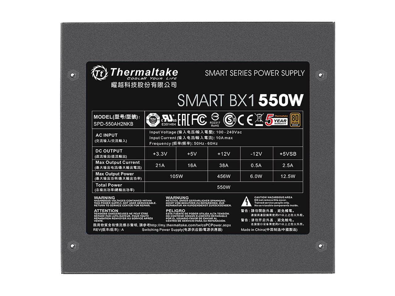 Thermaltake Smart BX1 550W Bronze SLI/ CrossFire Ready Continuous Power ATX12V V2.3/ EPS V2.92 80 Plus Bronze Certified 5 Year Warranty Non Modular Power Supply PS-SPD-0550NNFABU-1