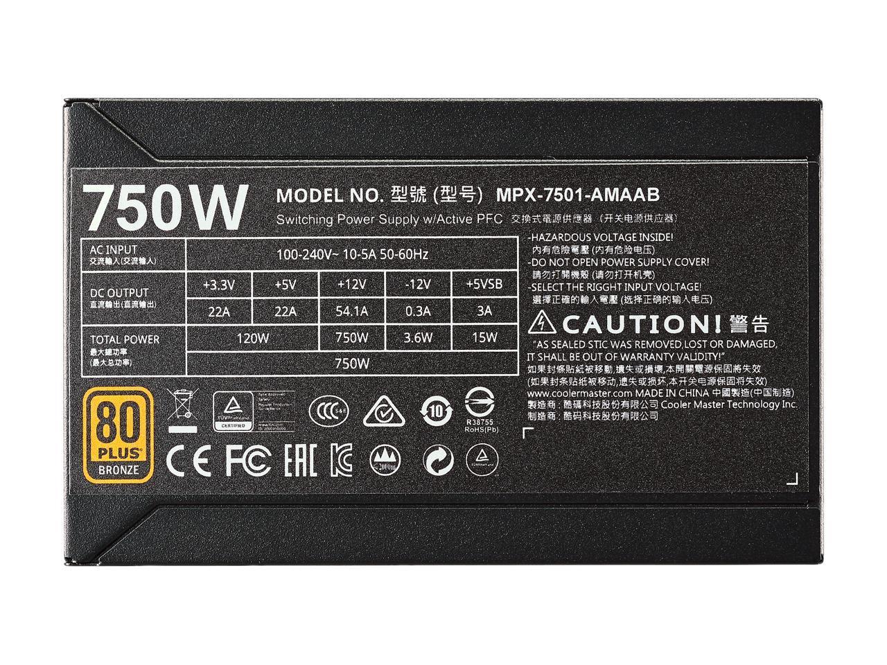 Cooler Master Master Watt 750 Watt Semi-Fanless Silencio Fan, Semi-Modular 80 PLUS Bronze Power Supply