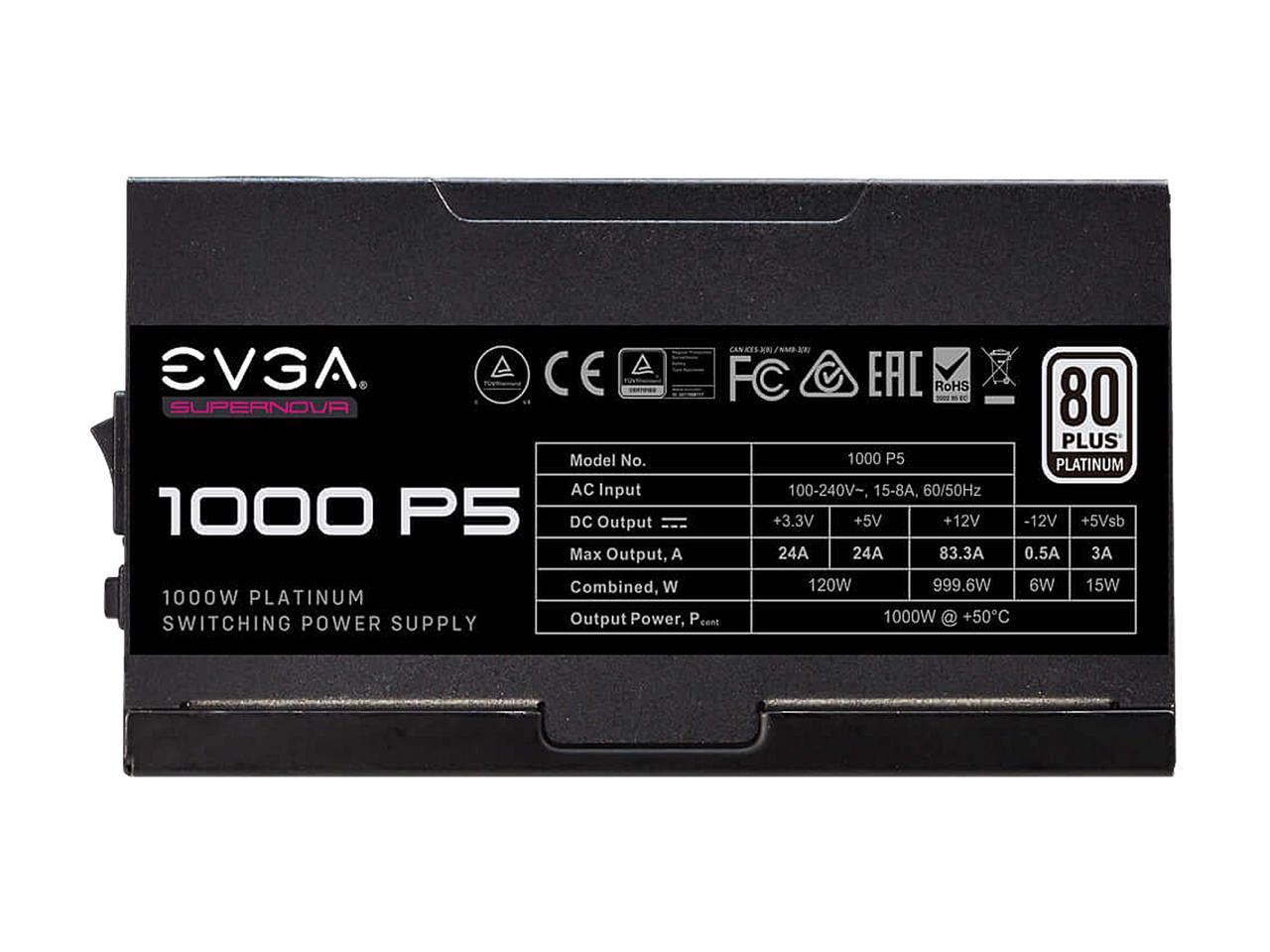 EVGA SuperNOVA 1000 P5, 80 Plus Platinum 1000W, Fully Modular, Eco Mode with FDB Fan, 10 Year Warranty, Includes Power ON Self Tester, Compact 150mm Size, Power Supply 220-P5-1000-X1