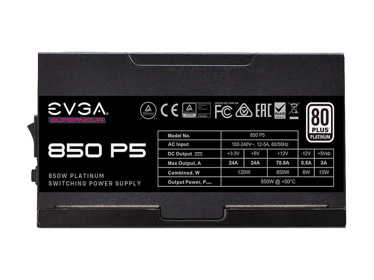 EVGA SuperNOVA 850 P5, 80 Plus Platinum 850W, Fully Modular, Eco Mode with FDB Fan, 10 Year Warranty, Includes Power ON Self Tester, Compact 150mm Size, Power Supply 220-P5-0850-X1