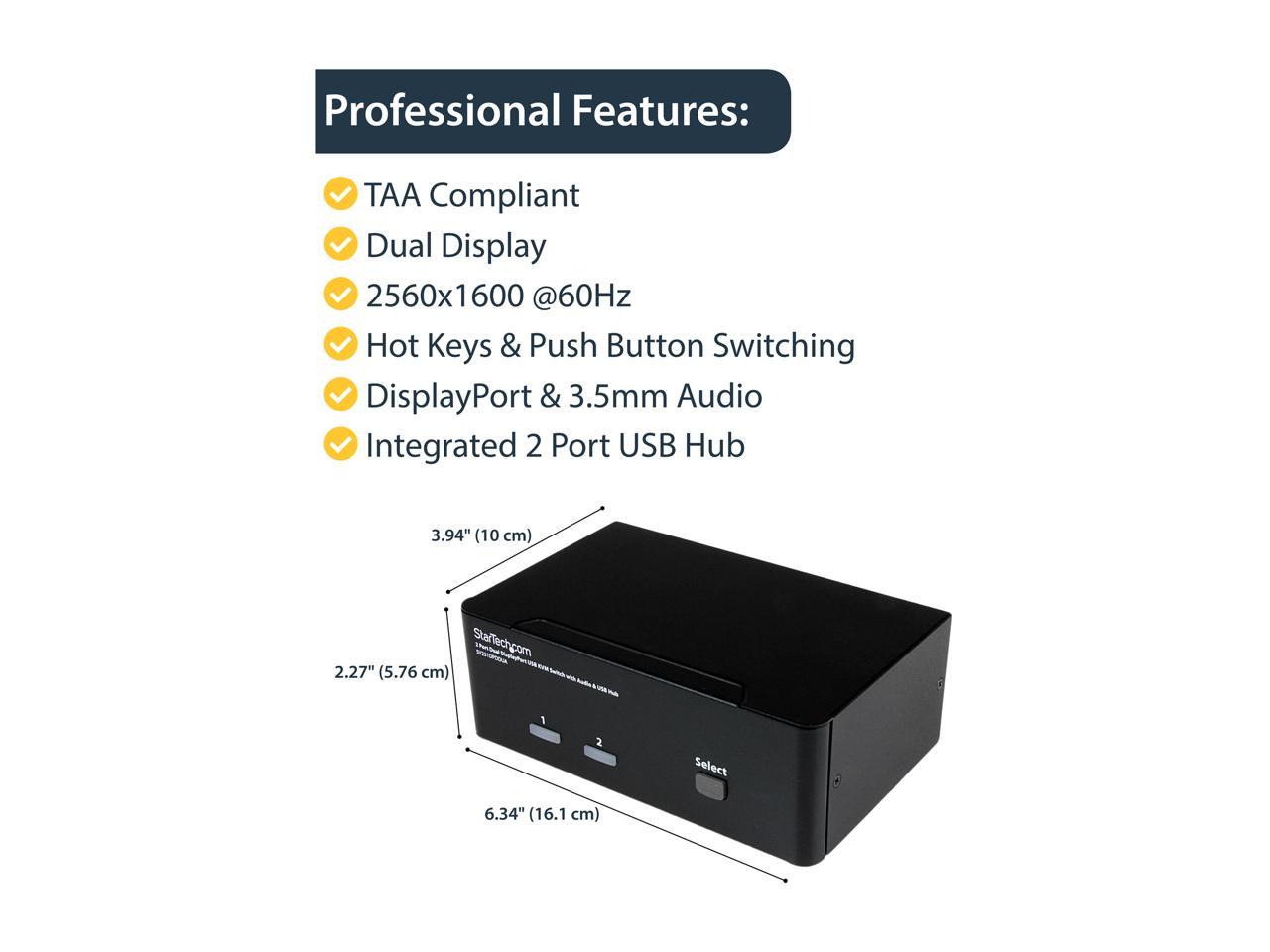 StarTech.com SV231DPDDUA 2 Port Dual DisplayPort USB KVM Switch with Audio & USB 2.0 Hub