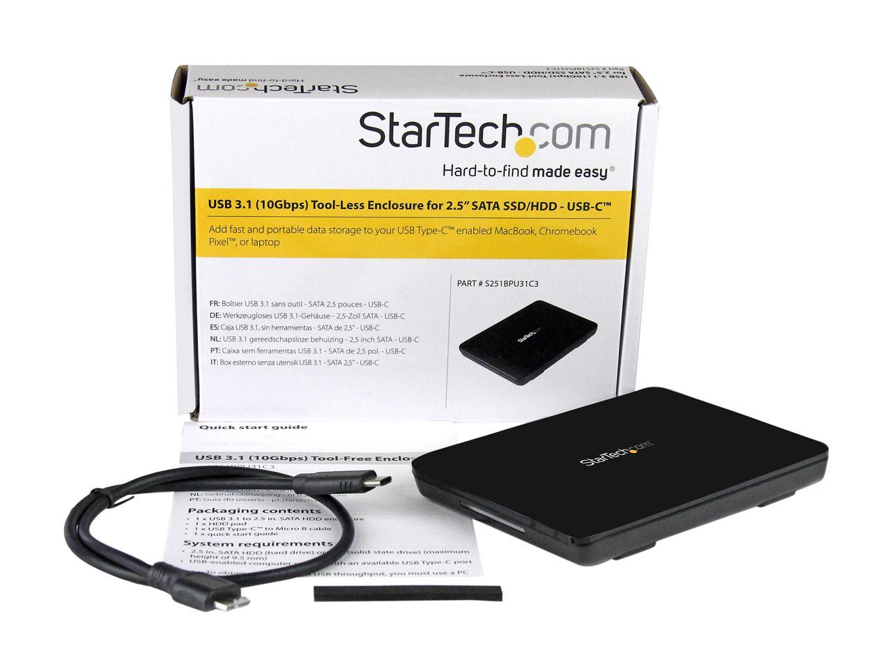 StarTech S251BPU31C3 2.5" USB-C Hard Drive Enclosure - USB 3.1 Type C - Tool-less - External Hard Drive Case - SSD USB C HDD Enclosure