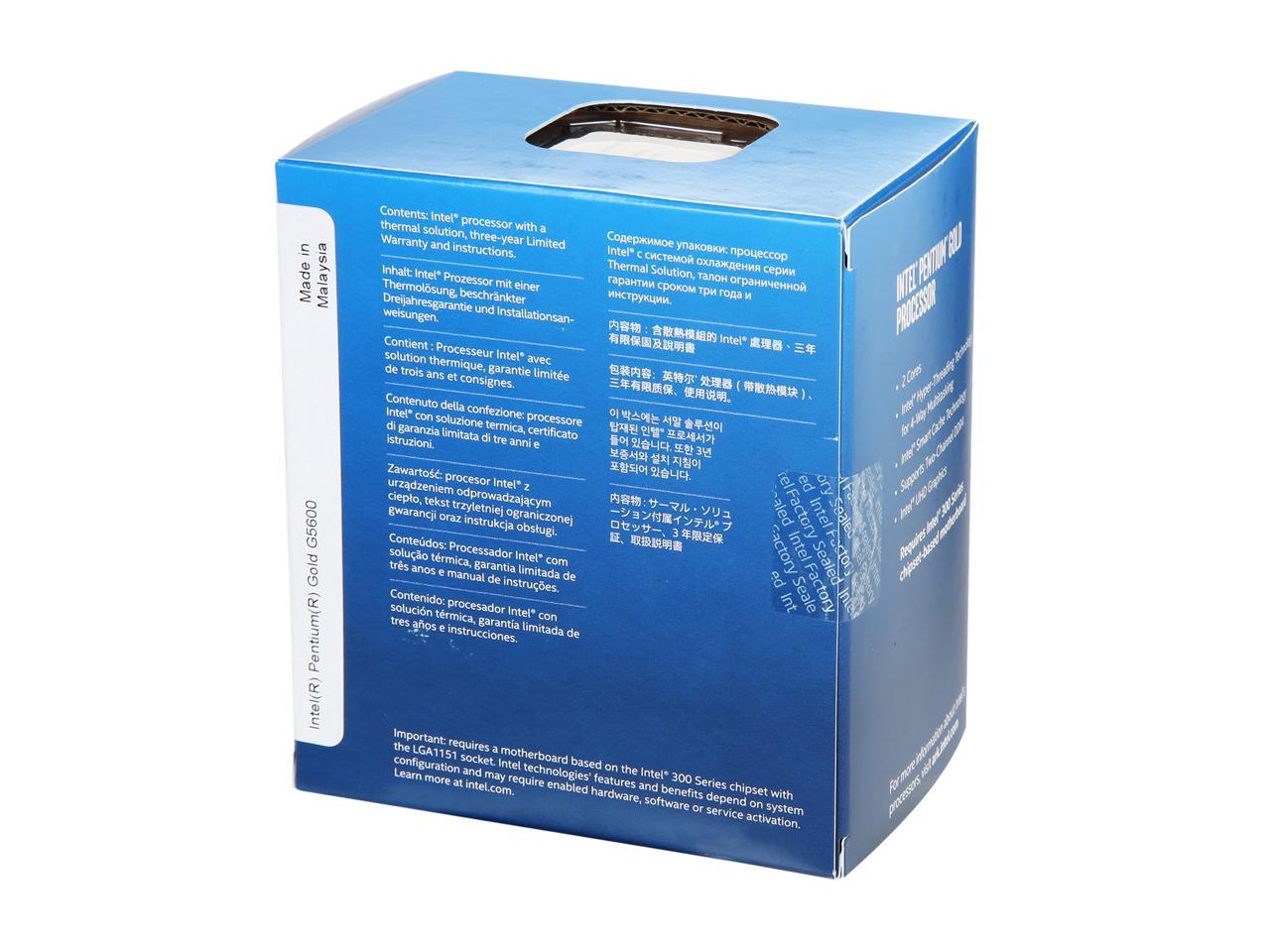 Intel Pentium Gold G5600 Coffee Lake Dual-Core, 4-Thread, 3.9 GHz LGA 1151 (300 Series) 54W BX80684G5600 Desktop Processor Intel UHD Graphics 630