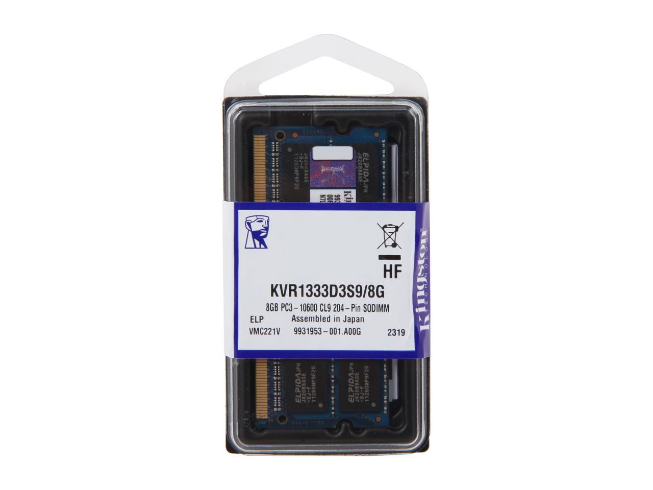Kingston 8GB 204-Pin DDR3 SO-DIMM DDR3 1333 Laptop Memory Model KVR1333D3S9/8G