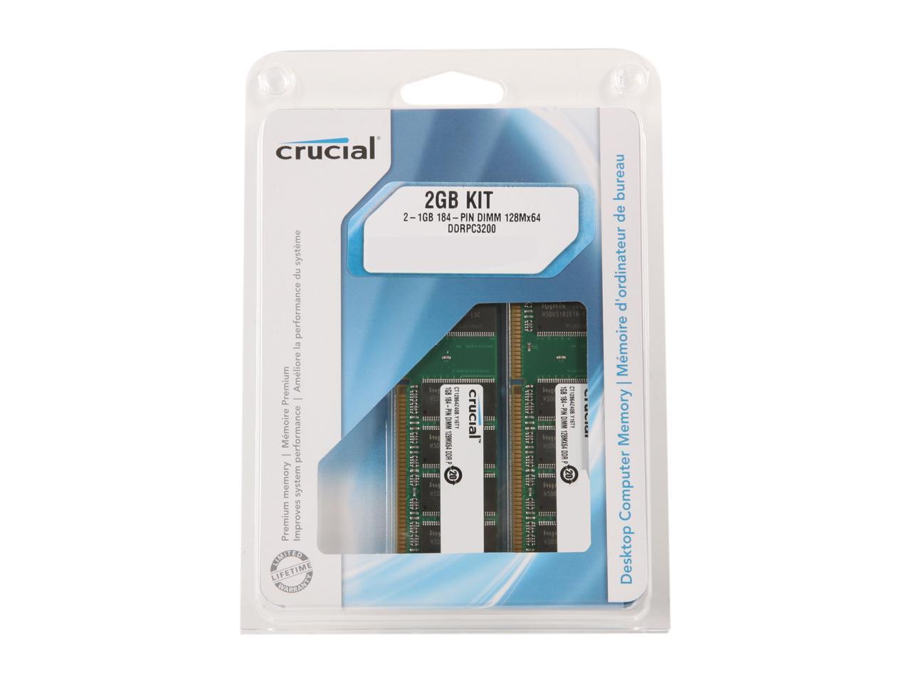 Crucial 2GB (2 x 1GB) 184-Pin DDR SDRAM DDR 400 (PC 3200) Major Brand Chipset Dual Channel Kit Desktop Memory Model CT2KIT12864Z40B