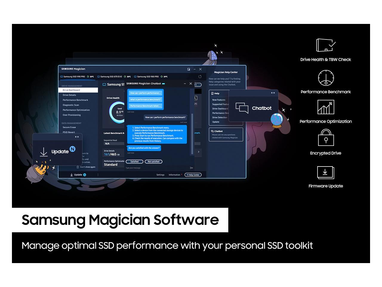 SAMSUNG 990 PRO M.2 2280 1TB PCIe Gen 4.0 x4, NVMe 2.0 V7 V-NAND 3bit MLC Internal Solid State Drive (SSD) MZ-V9P1T0B/AM