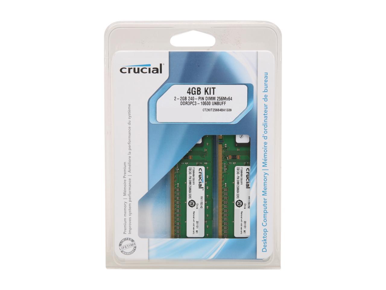 Crucial 4GB (2 x 2GB) 240-Pin DDR3 SDRAM DDR3 1333 (PC3 10600) Micron Chipset Dual Channel Kit Desktop Memory Model CT2KIT25664BA1339