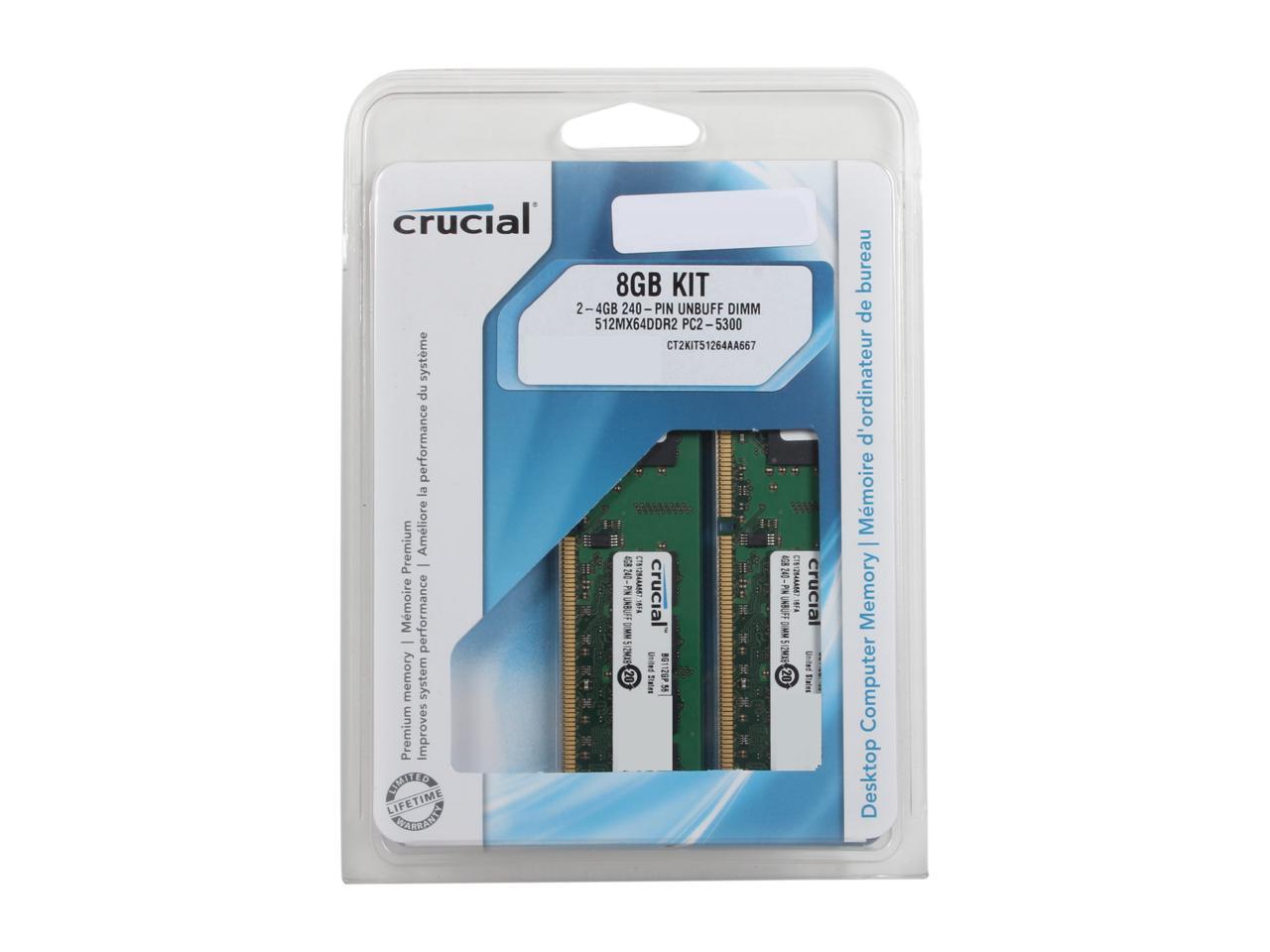 Crucial 8GB (2 x 4GB) 240-Pin DDR2 SDRAM DDR2 667 (PC2 5300) Desktop Memory Model CT2KIT51264AA667