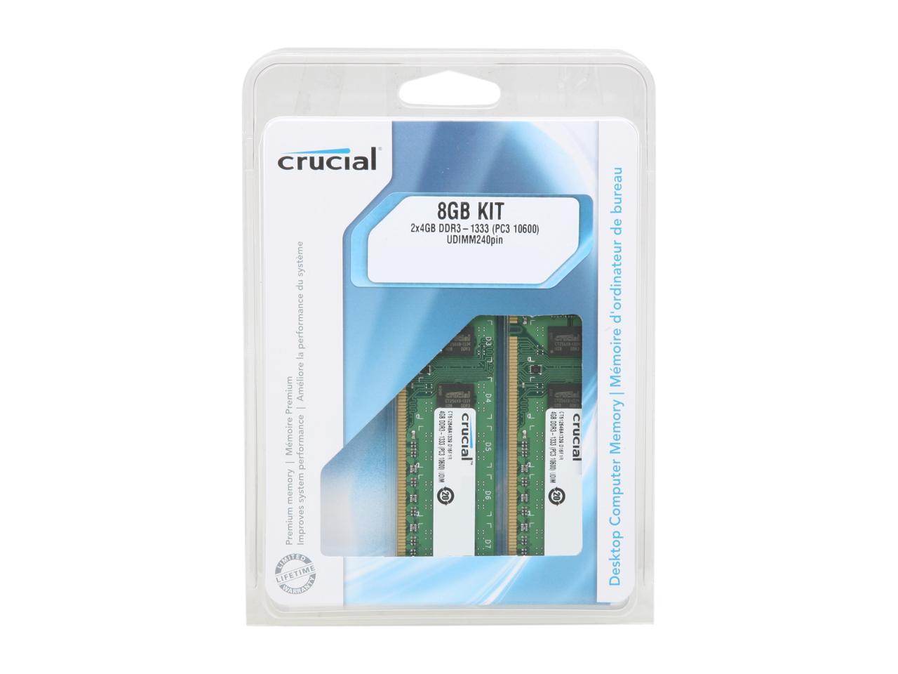 Crucial 8GB (2 x 4GB) 240-Pin DDR3 SDRAM DDR3 1333 (PC3 10600) Micron Chipset Desktop Memory Model CT2KIT51264BA1339