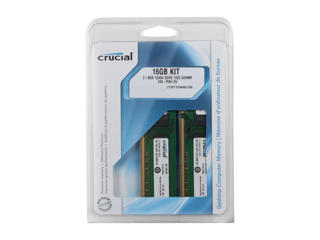 Crucial 16GB (2 x 8GB) 240-Pin DDR3 SDRAM DDR3 1333 (PC3 10600) Major Brand Chipset Desktop Memory Model CT2KIT102464BA1339