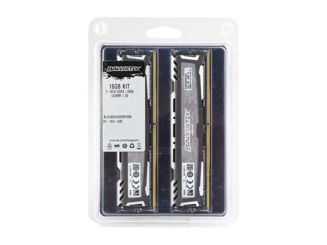 Ballistix Sport LT 16GB Kit (8GBx2) DDR4 2666 MT/s (PC4-21300) SR x8 DIMM 288-Pin - BLS2K8G4D26BFSBK (Gray)