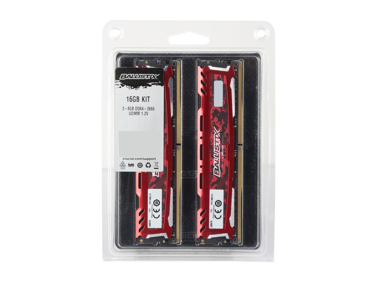 Ballistix Sport LT 16GB Kit (8GBx2) DDR4 2666 MT/s (PC4-21300) DR x8 DIMM 288-Pin - BLS2K8G4D26BFSE (Red)