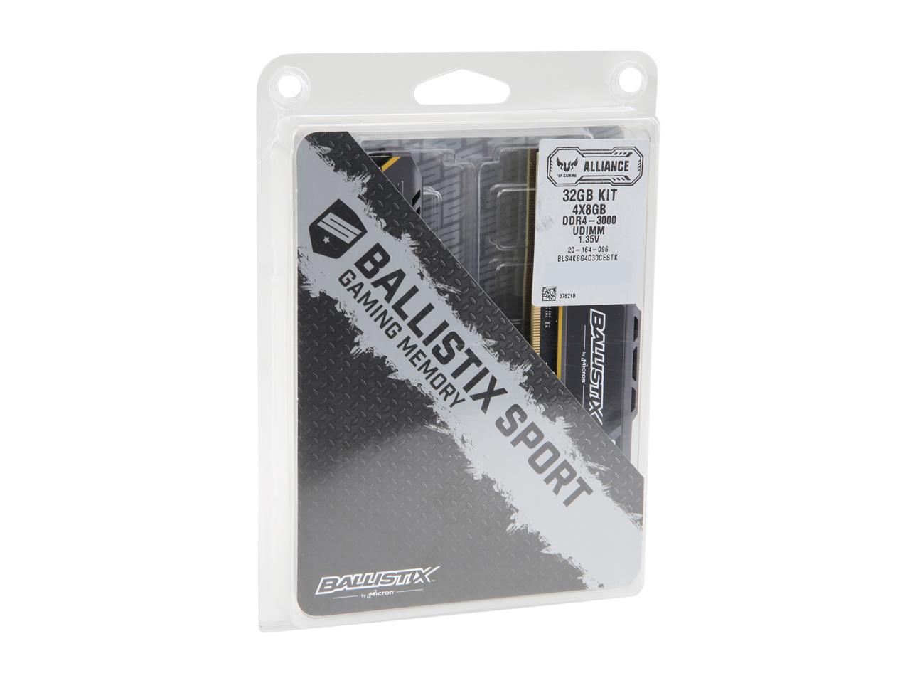 Crucial Ballistix Sport AT 3000 MHz DDR4 DRAM Desktop Gaming Memory Kit 32GB (8GBx4) CL17 BLS4K8G4D30CESTK