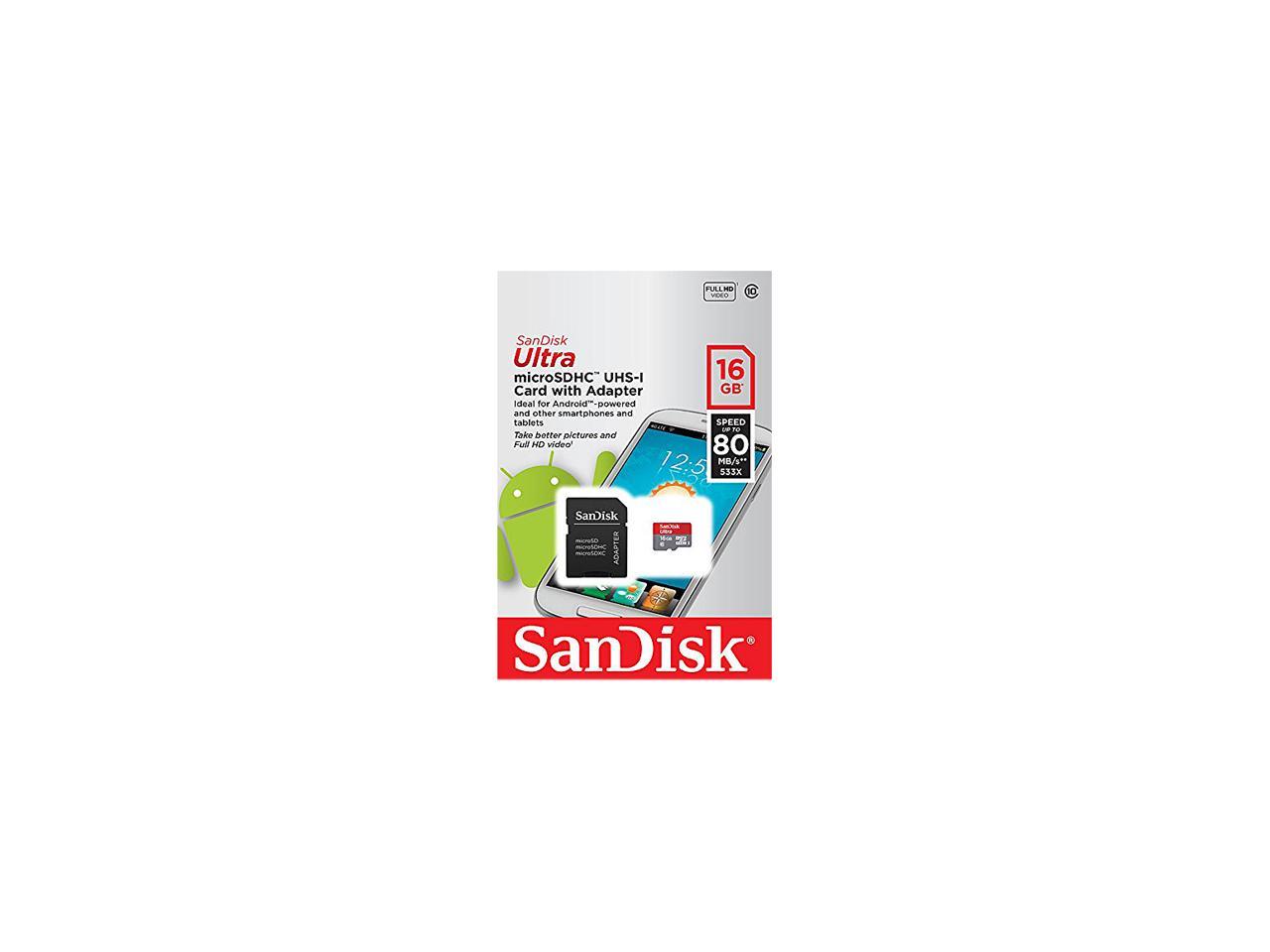 SanDisk 16GB Ultra microSDHC UHS-I/Class 10 Memory Card with Adapter, Speed Up to 80MB/s (SDSQUNC-016G-GN6MA)