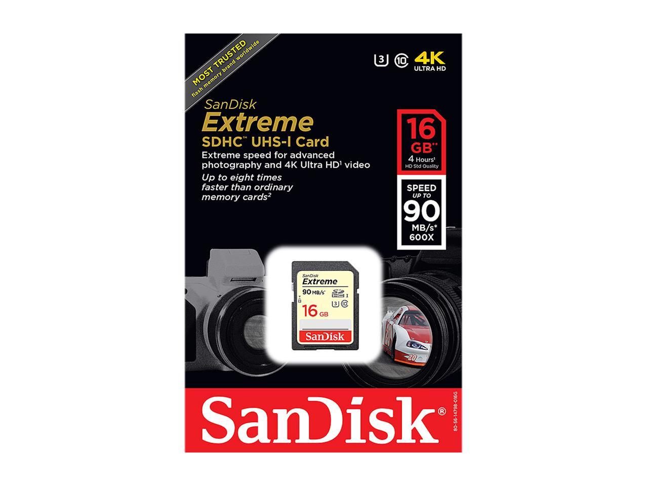 SanDisk 16GB Extreme SDHC UHS-I/U3 Class 10 Memory Card, Speed Up to 90MB/s (SDSDXNE-016G-GNCIN)