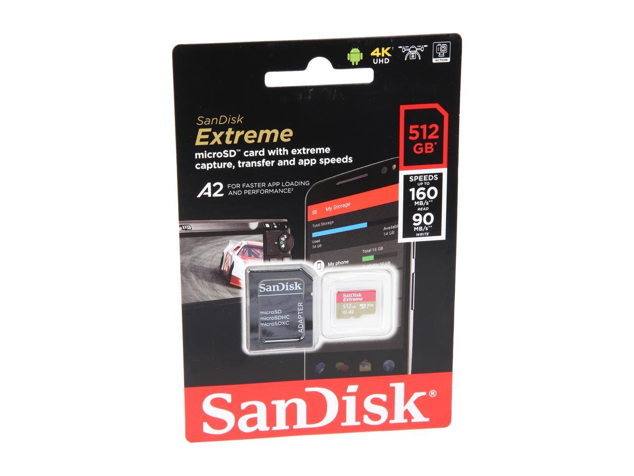 SanDisk 512GB Extreme microSDXC UHS-I/U3 A2 Memory Card with Adapter, Speed Up to 160MB/s (SDSQXA1-512G-GN6MA)