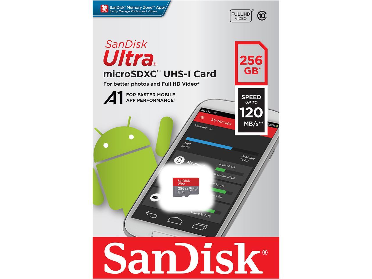 SanDisk 256GB Ultra microSDXC A1 UHS-I/U1 Class 10 Memory Card with Adapter, Speed Up to 120MB/s (SDSQUA4-256G-GN6MA)