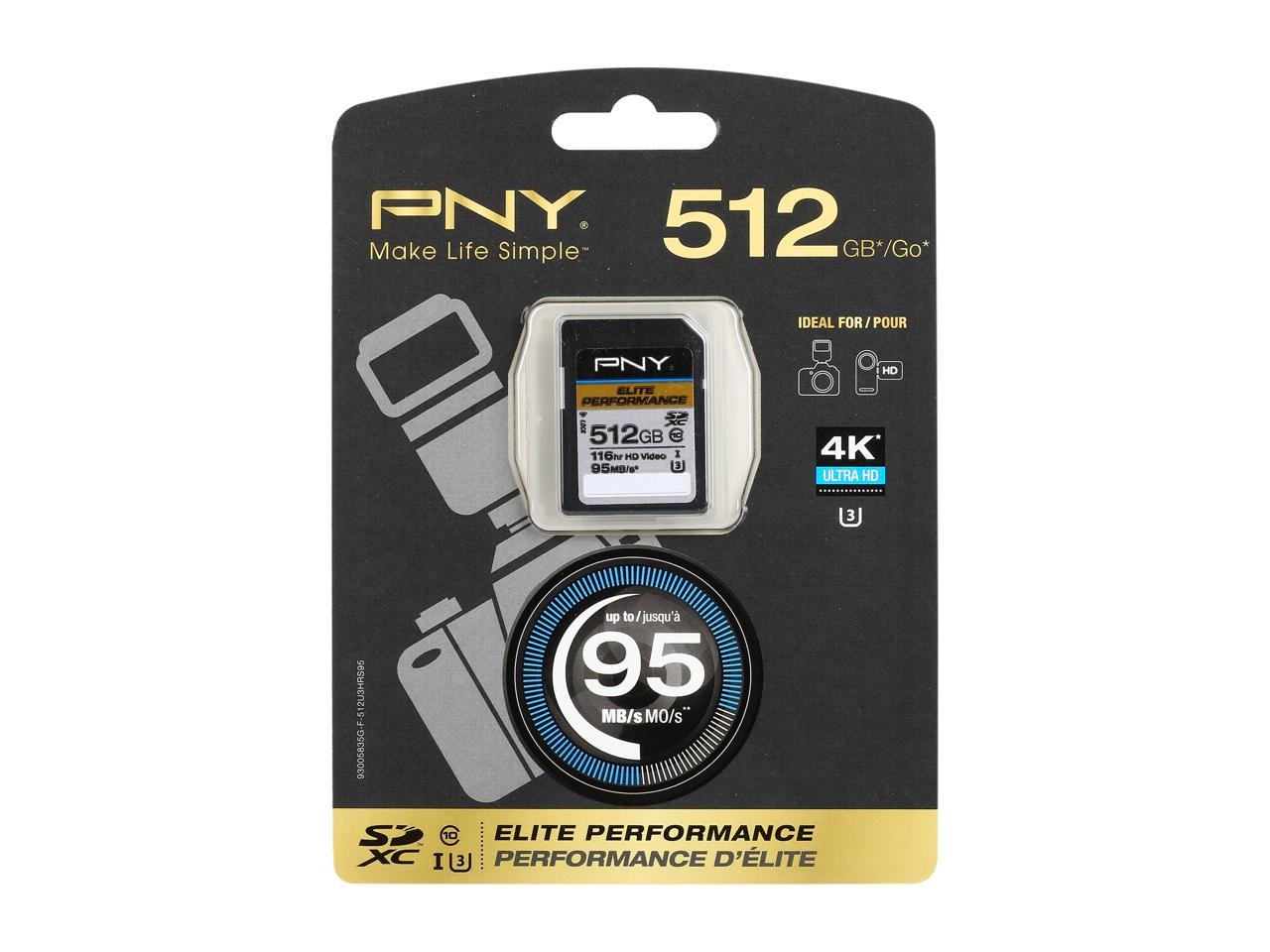 PNY 512GB Elite Performance SDXC UHS-I/U3 Class 10 Memory Card, Speed Up to 95MB/s (P-SDX512U3H-GE)