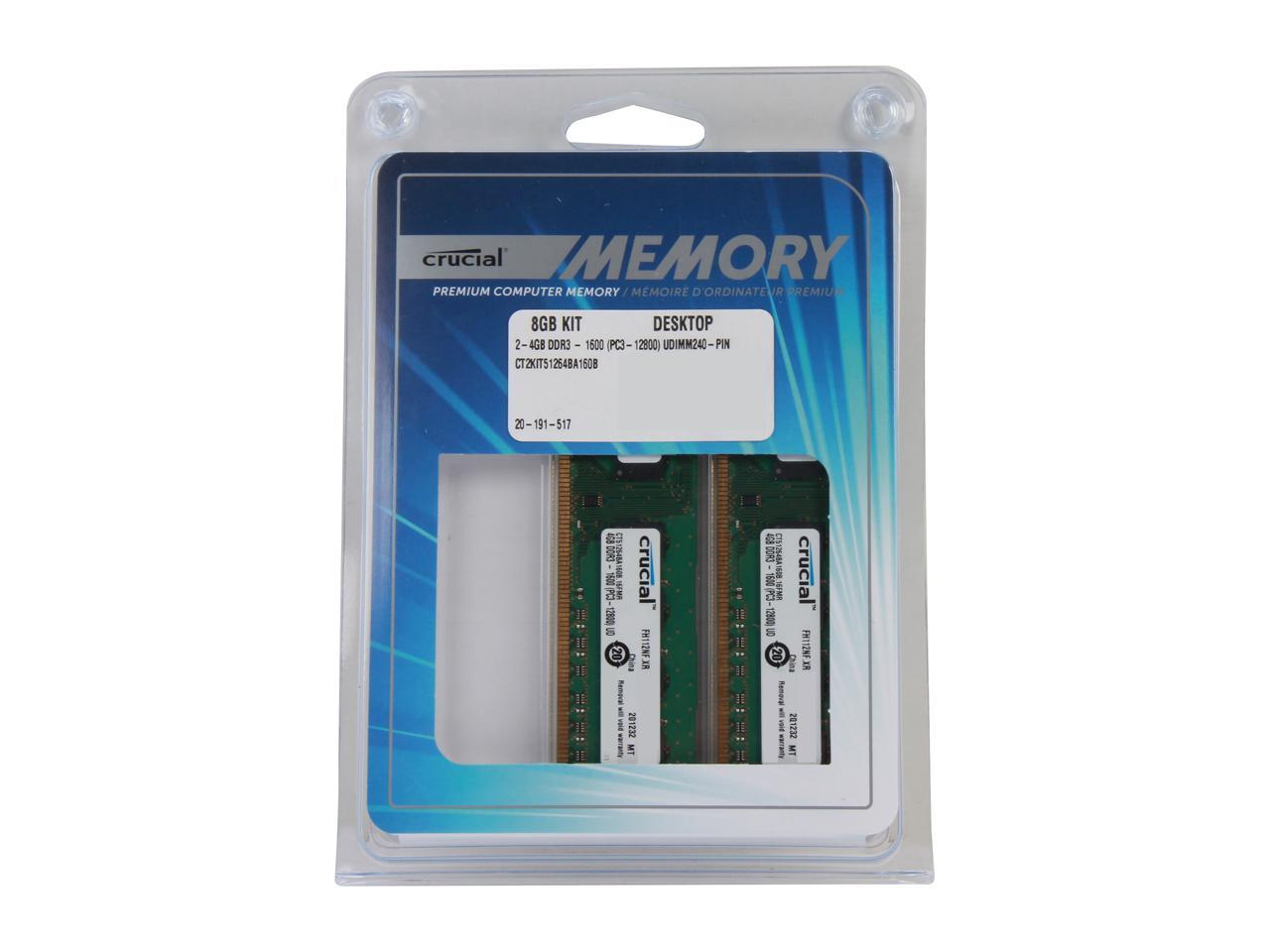 Crucial 8GB (2 x 4GB) 240-Pin DDR3 SDRAM DDR3 1600 (PC3 12800) Desktop Memory Model CT2KIT51264BA160B